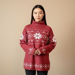 CHRISTIAN SIRIANO | Red Mock Neck Fair Isle Knit Sweater Sz L
